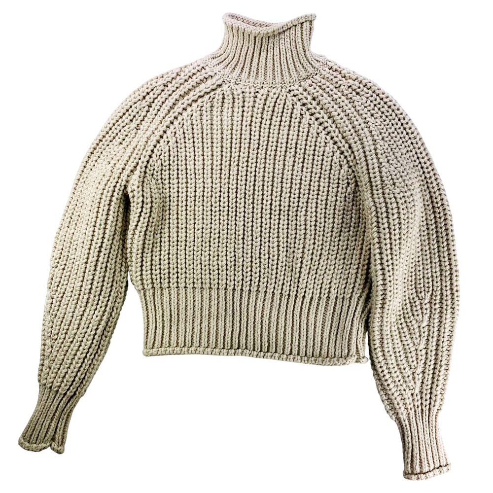 H M Chunky Knit Turtleneck Sweater Beige Ribbed Cropped Cozy XS